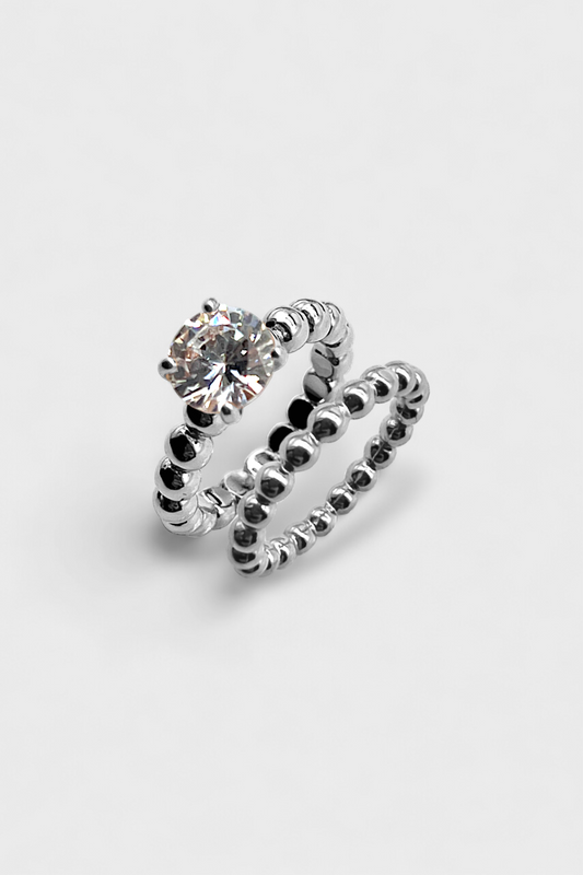 Diamond Beaded Ring Two-Piece Set Silver